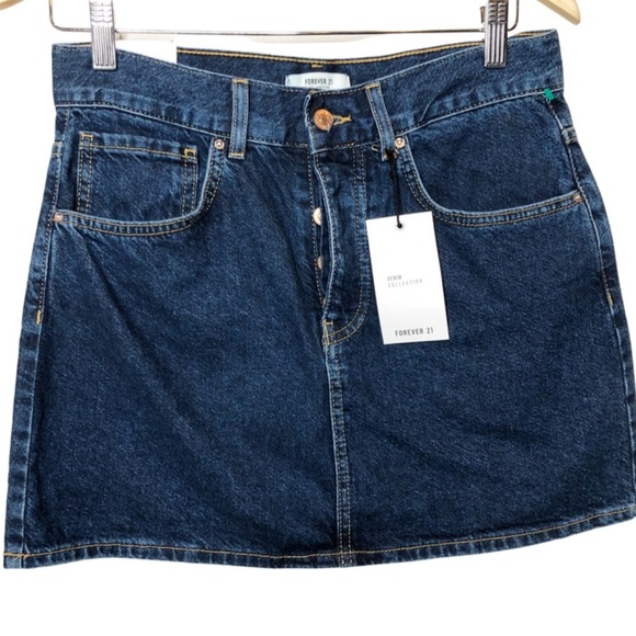 New with Tag Forever 21 Dark Wash Blue Denim Collection Button Fly Mini Skirt - Picture 6 of 16